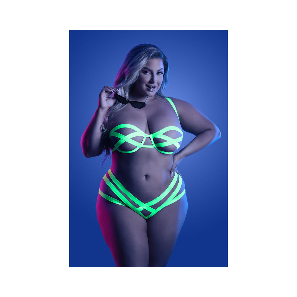 Fantasy Lingerie Glow Mirage Bandage Bra & Panty Neon Lemon Queen Size - Fantasies Boutique