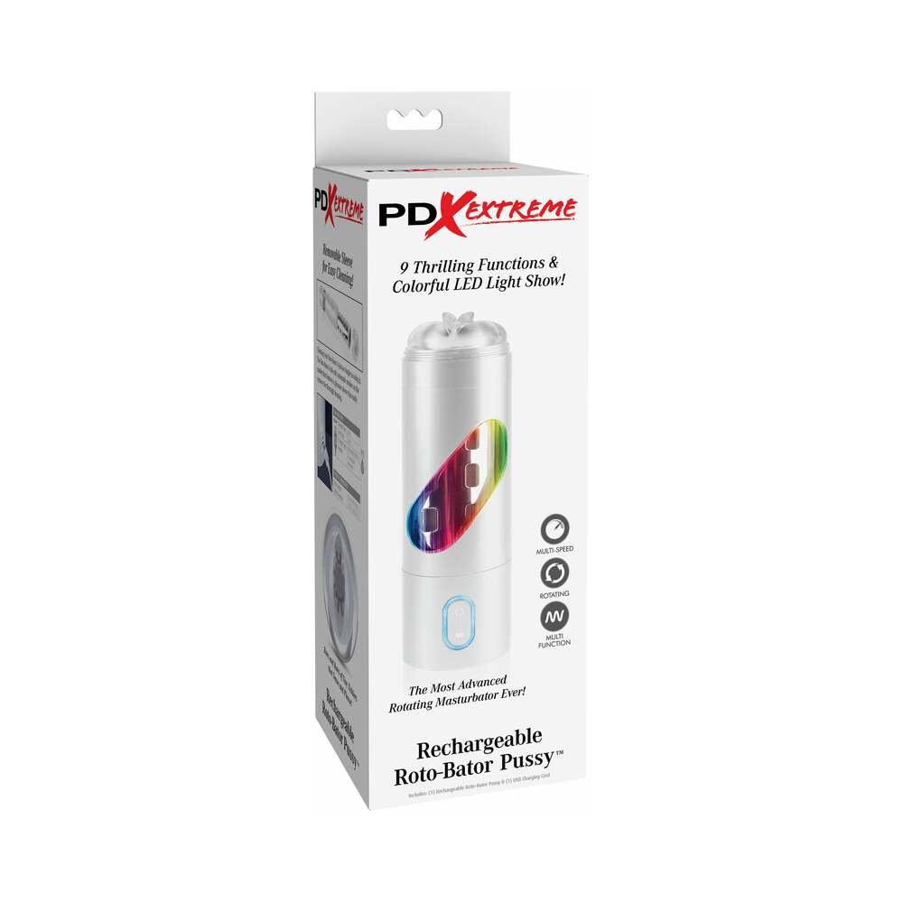 PDX Rechargeable Roto-Bator Pussy Light-Up Rotating Stroker Clear/White - Fantasies Boutique