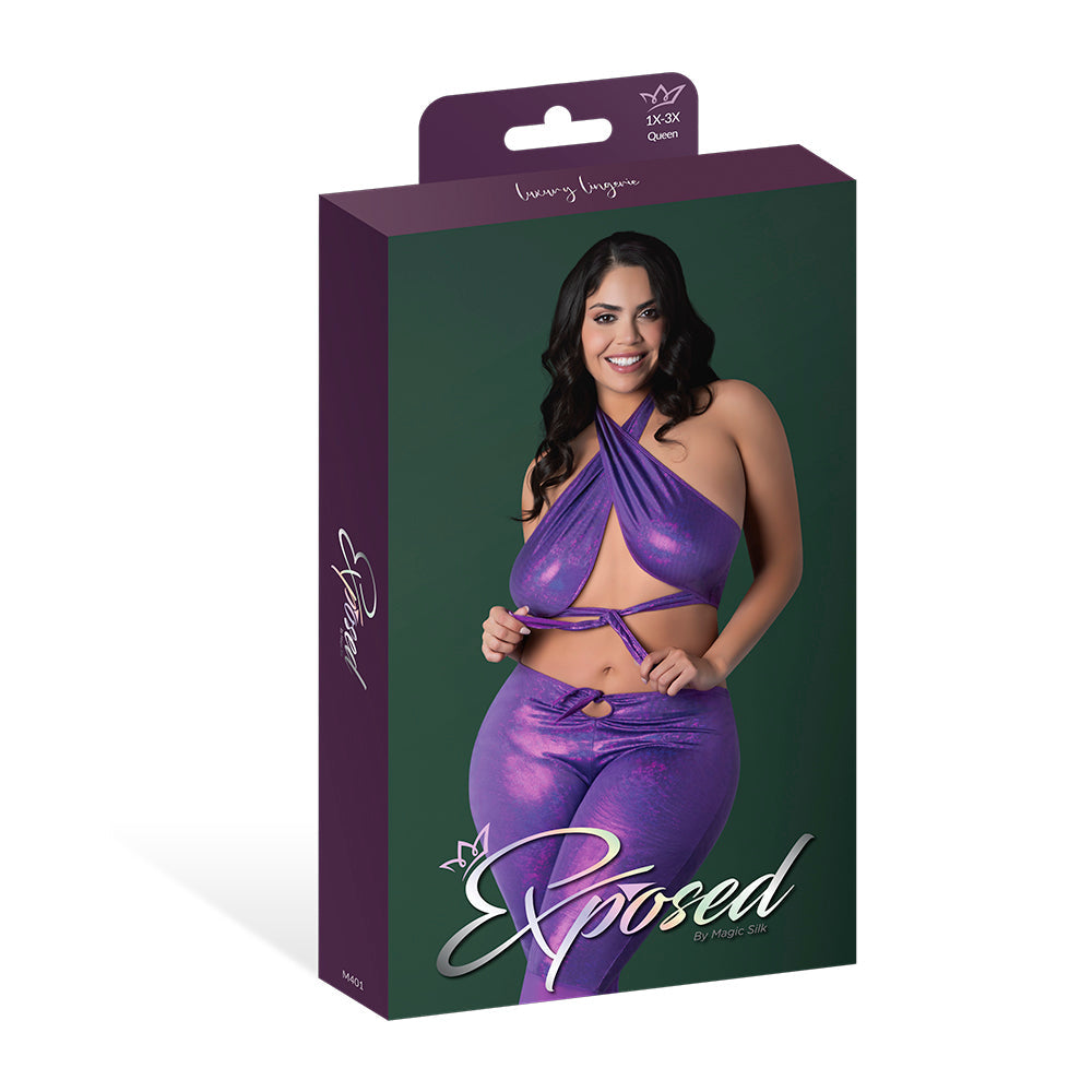 Magic Silk Glimmer Wrap Halter & Flair Pant Set Purple Disco Queen Size