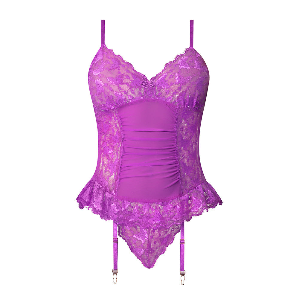 Magic Silk Butterfly Fantasies Basque & Cheeky Panty Set Neon Purple S/M