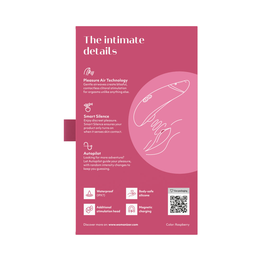 Womanizer Premium 2 Rechargeable Silicone Luxurious Pleasure Air Clitoral Stimulator Raspberry - Fantasies Boutique