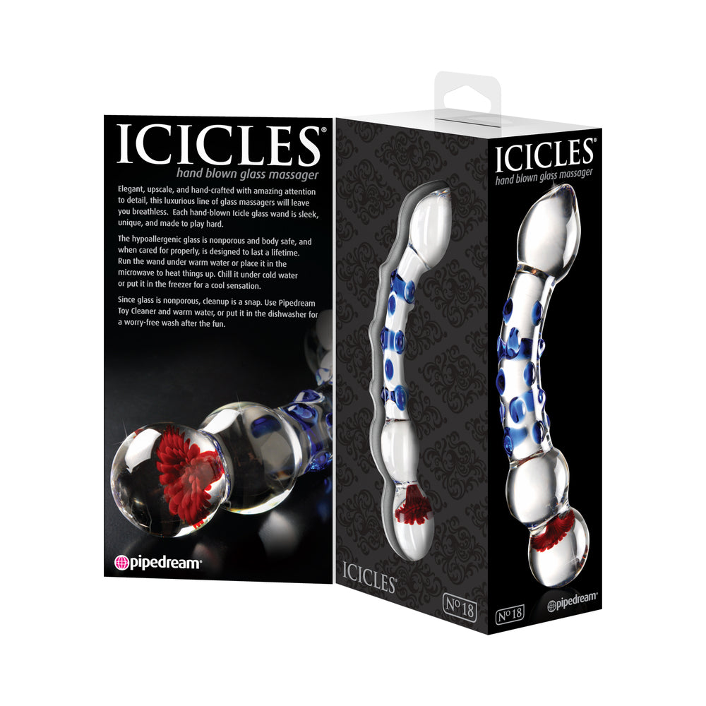 Icicles No. 18 Curved Textured 7.5 in. Glass Dildo Blue/Red/Clear - Fantasies Boutique