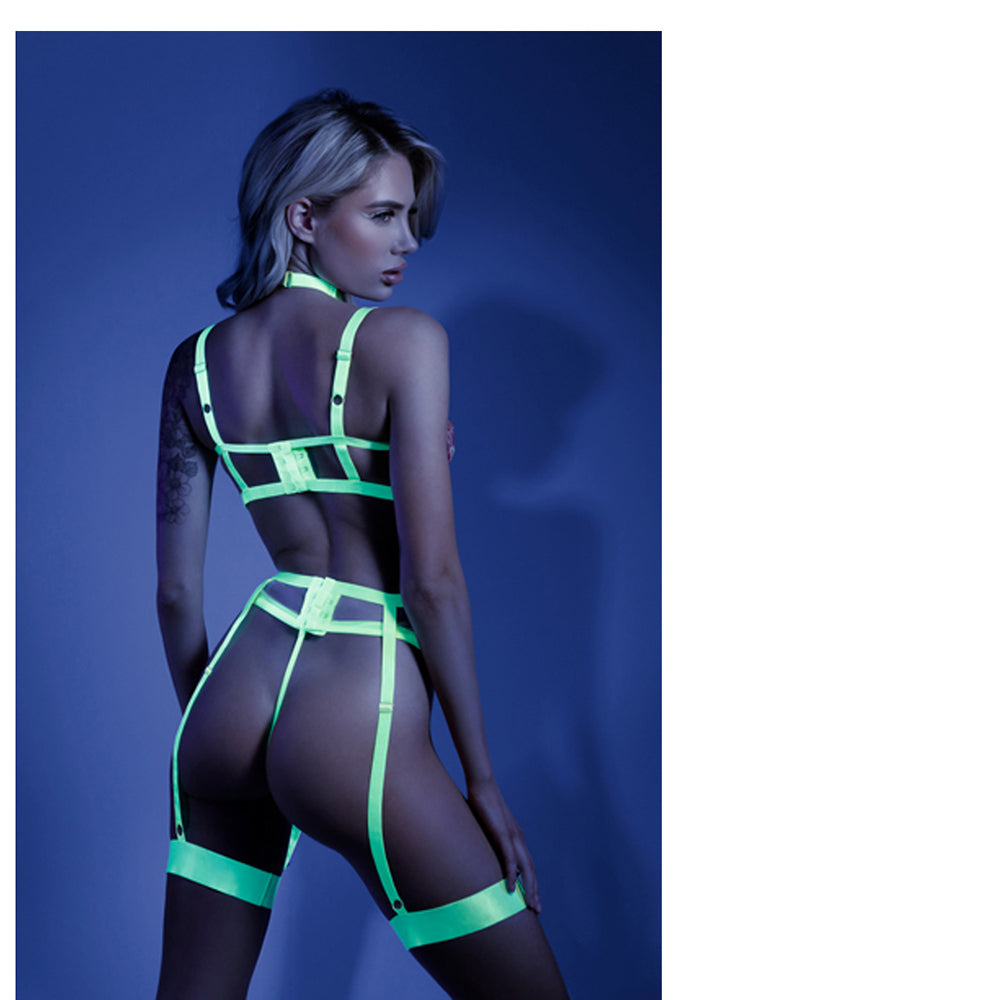 Fantasy Lingerie Glow In A Trance Harness Bra, Garter Belt Neon Chartreuse S/M - Fantasies Boutique