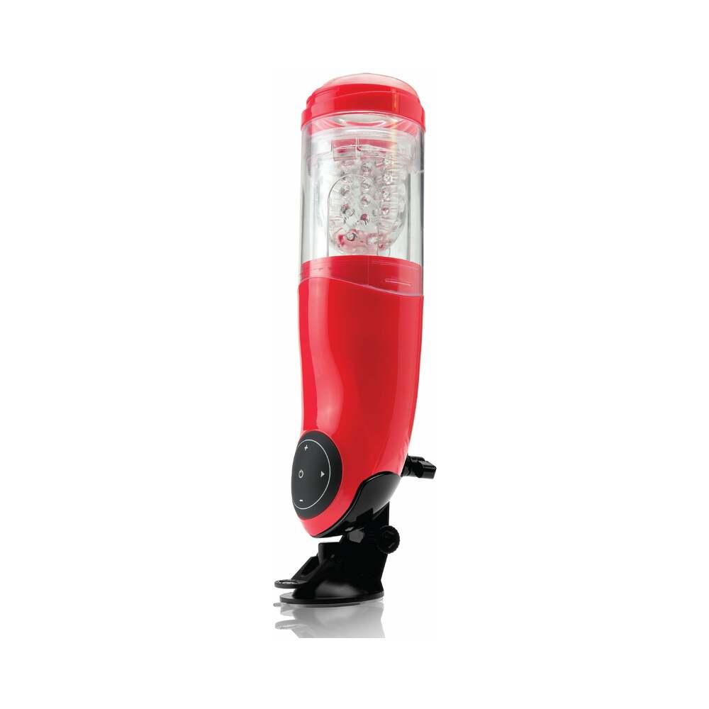 PDX Mega-Bator Mouth Rechargeable Rotating Thrusting Stroker With Hands-Free Suction Cup Clear/Red - Fantasies Boutique