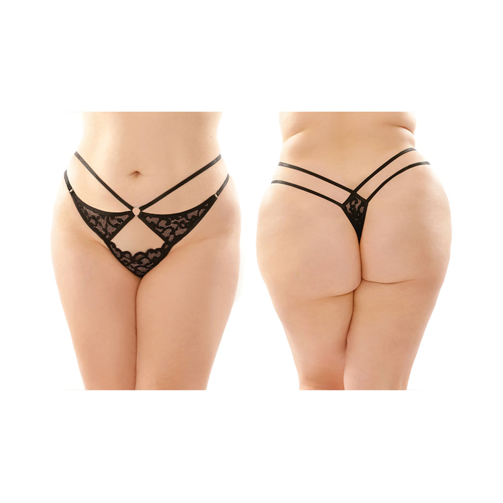 Fantasy Lingerie Jasmine Strappy Lace Thong With Front Keyhole Cutout 6-Pack Queen Size Black - Fantasies Boutique