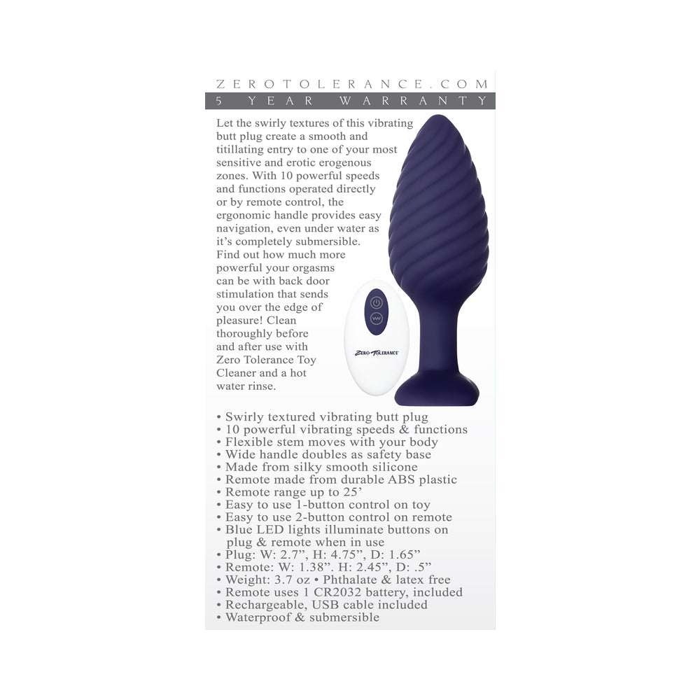 Zero Tolerance Wicked Twister Textured Vibrating Silicone Anal Plug Purple - Fantasies Boutique