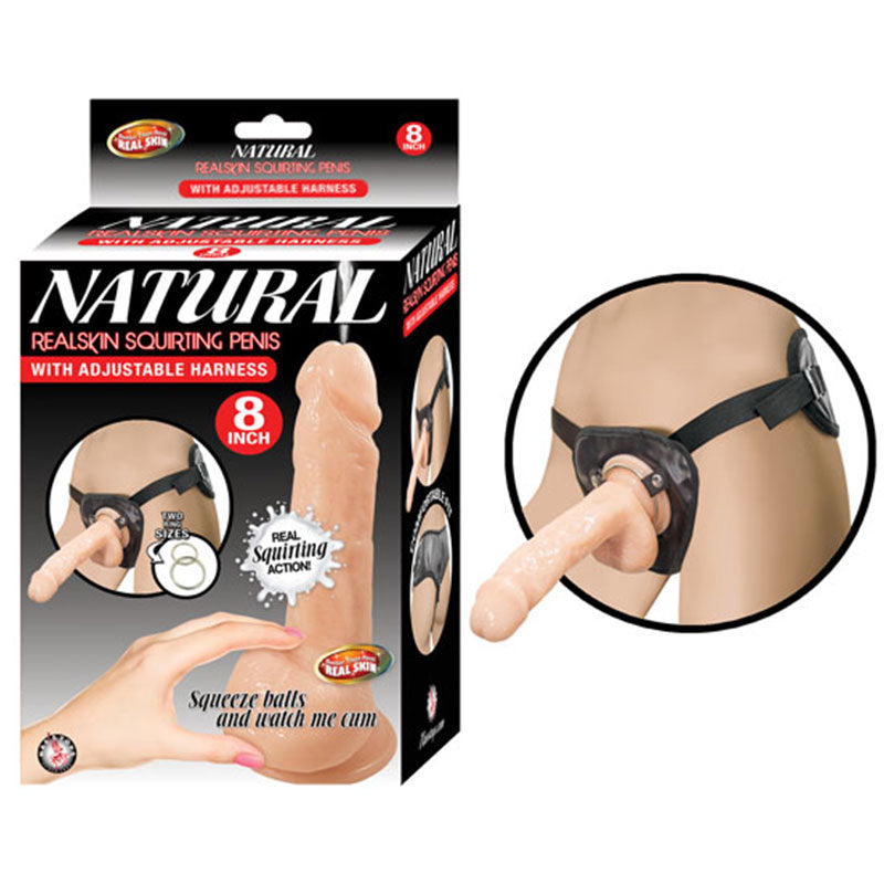 Natural Realskin Squirting Penis W/Adjustable Harness 8in Flesh - Fantasies Boutique