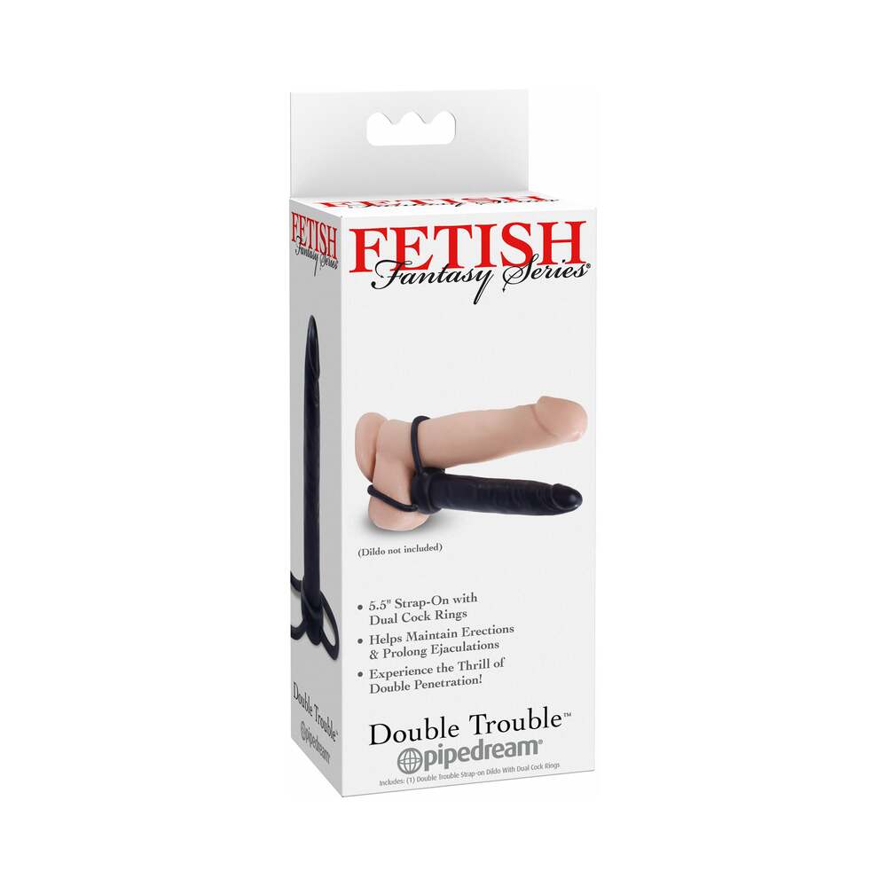 Fetish Fantasy Series Double Trouble Dual Cockring Strap-On With 5.5 in. Dildo Black - Fantasies Boutique