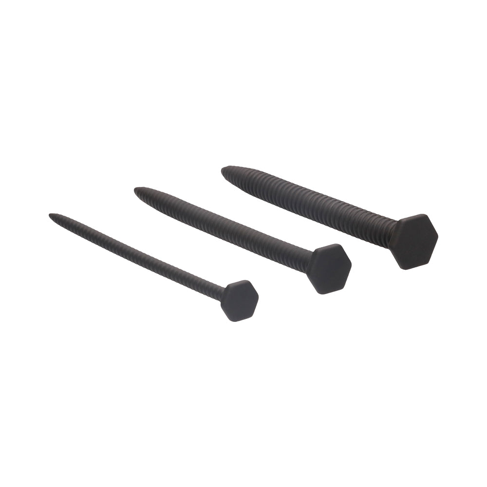 Ouch! Urethral Sounding Textured Silicone Screw Plug Set Black 9 mm / 13 mm / 16.5 mm