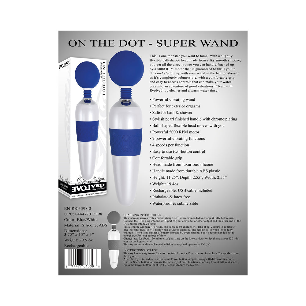 Evolved On The Dot Rechargeable Silicone Flexible Head Wand Vibrator Blue/White - Fantasies Boutique