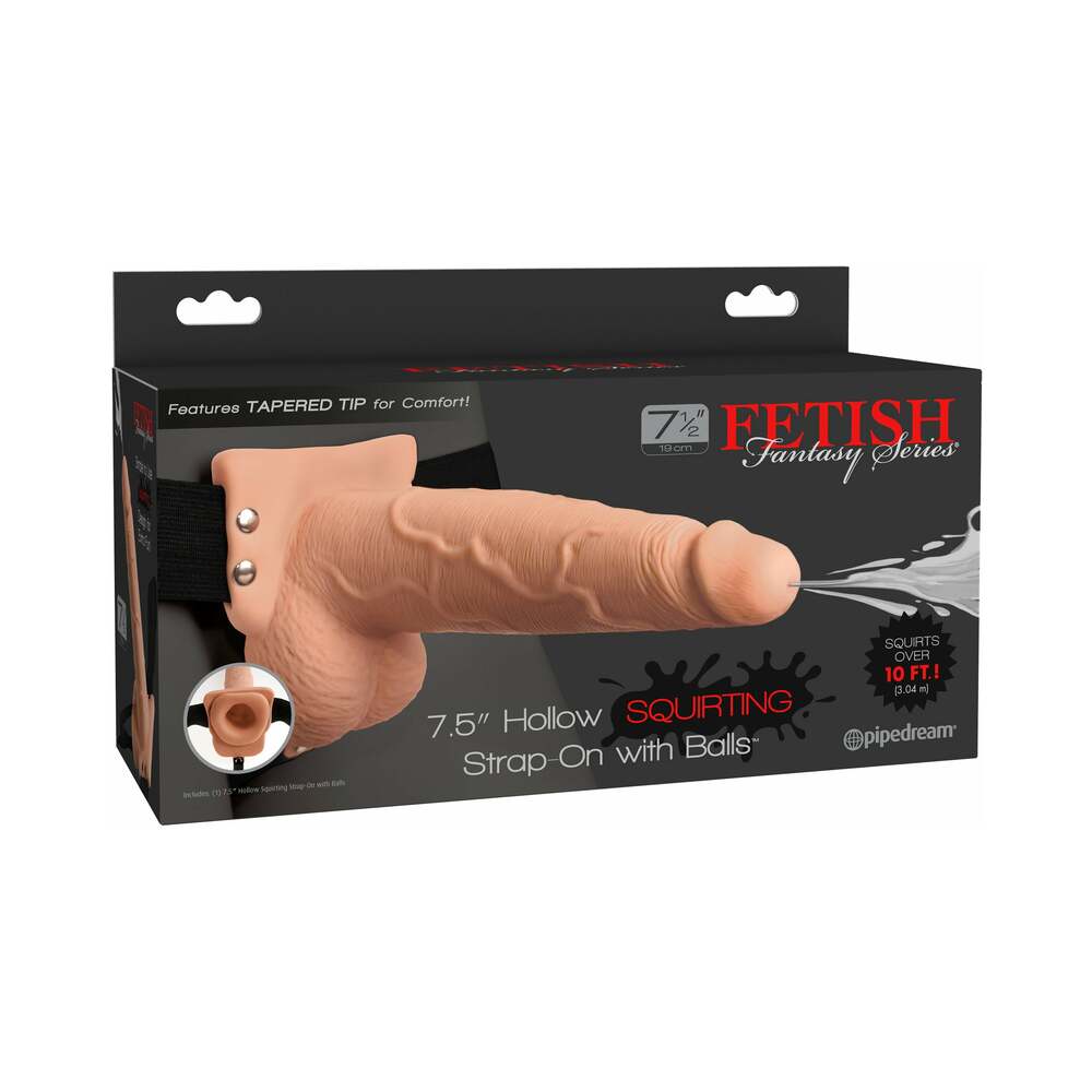 Fetish Fantasy Series 7.5 in. Hollow Squirting Strap-On With Balls Beige/Black - Fantasies Boutique