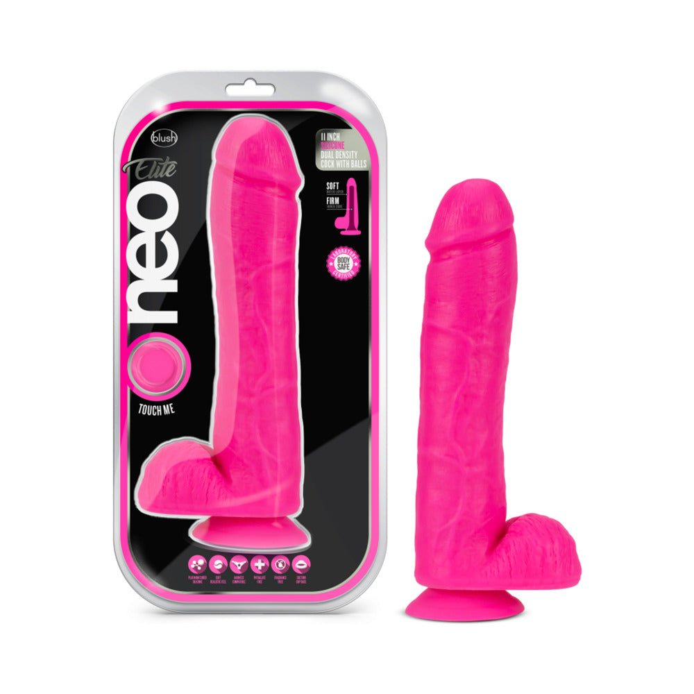 Blush Neo Elite 11 in. Silicone Dual Density Dildo with Balls & Suction Cup Neon Pink - Fantasies Boutique
