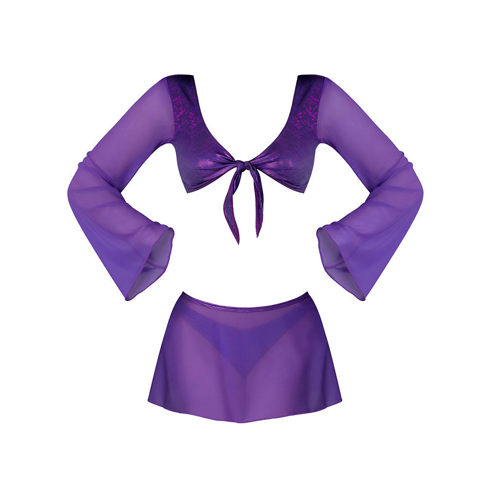 Magic Silk Glimmer LS Crop Top, Mini Skirt & Tie Side Thong Purple Disco Queen Size