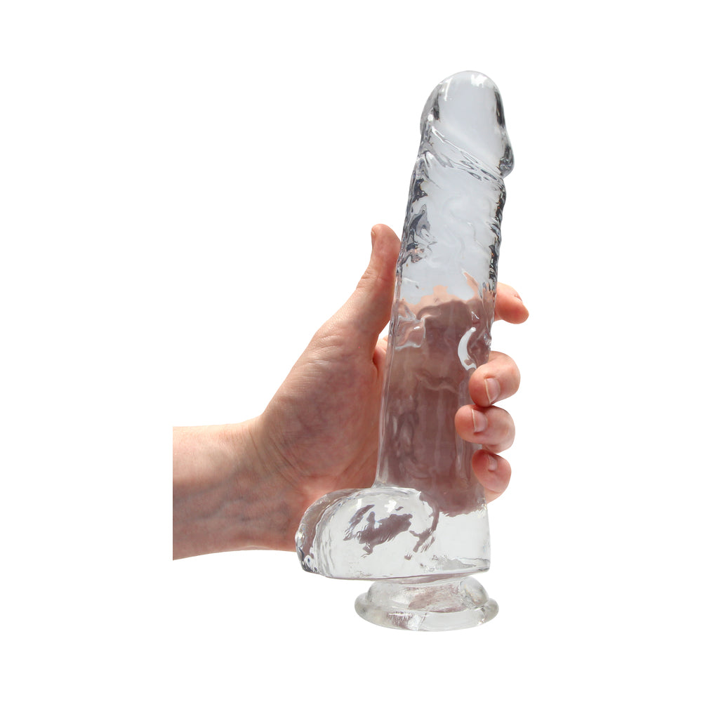 RealRock Crystal Clear Realistic 9 in. Dildo With Balls and Suction Cup Clear - Fantasies Boutique