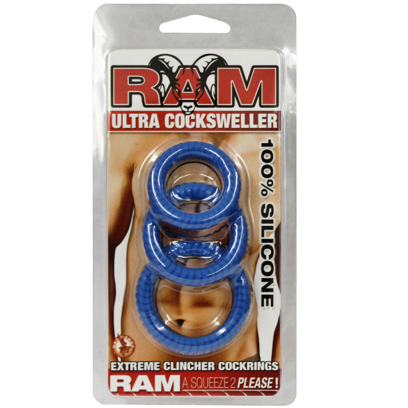 Ram Ultra Silicone Cocksweller 3 Cock Rings (Blue) - Fantasies Boutique
