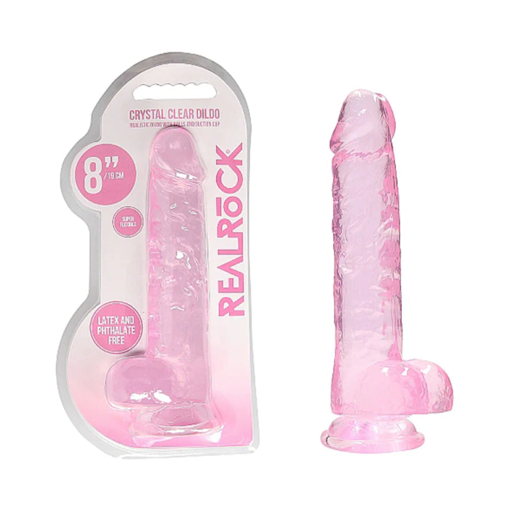 RealRock Crystal Clear Realistic 8 in. Dildo With Balls and Suction Cup Pink - Fantasies Boutique