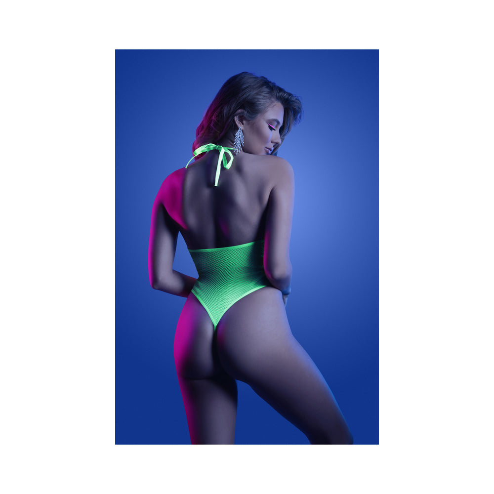 Fantasy Lingerie Glow Nocturnal Keyhole Halter Tie Teddy with Snap Closure Neon Lemon L/XL