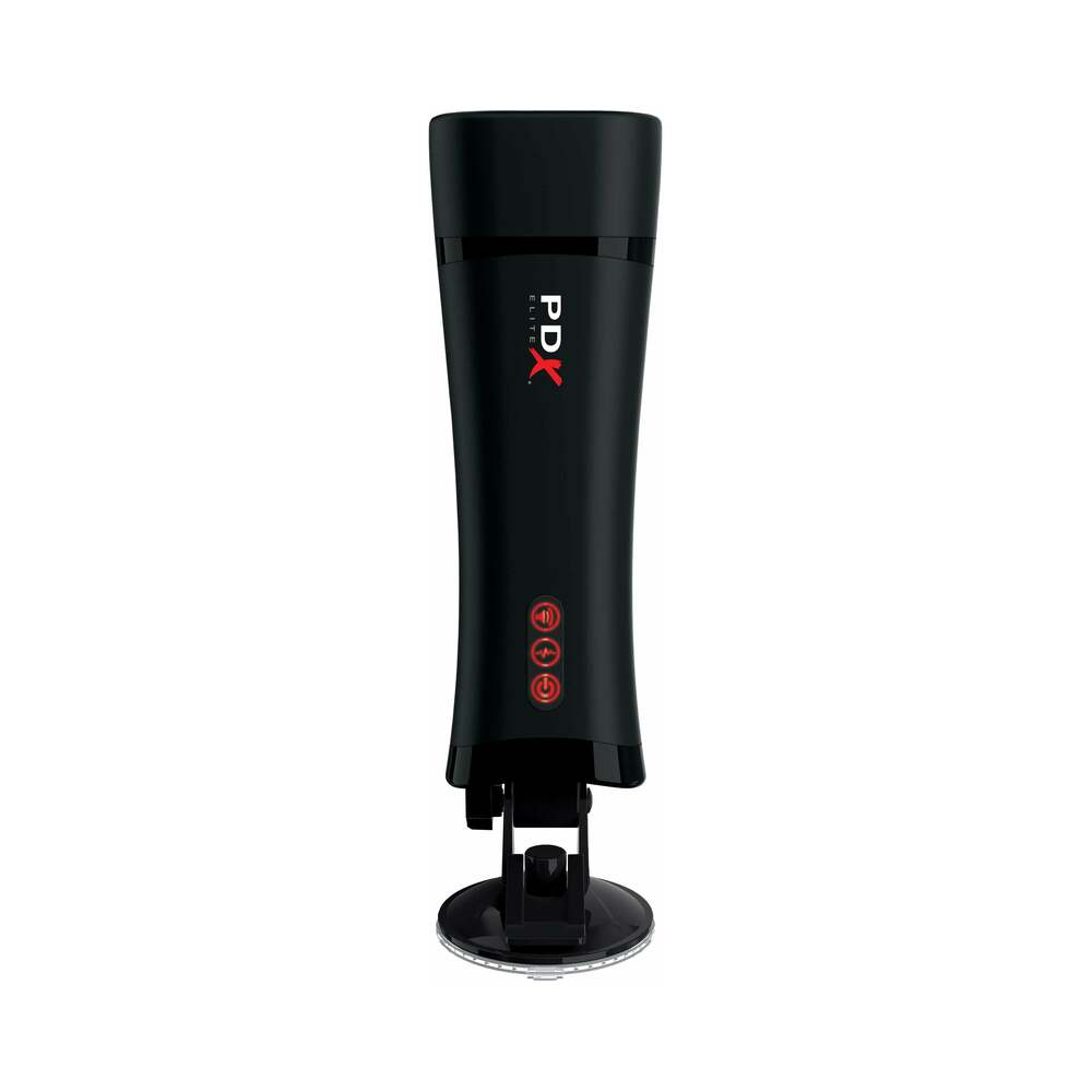 PDX Elite Talk-Back Rechargeable Vibrating Super Stroker With Hands-Free Suction Cup Beige/Black - Fantasies Boutique