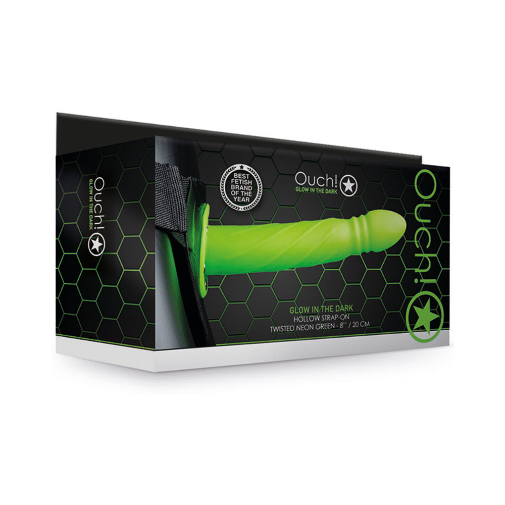 Ouch! Twisted 8 in. Glow in the Dark Hollow Strap-On Neon Green - Fantasies Boutique