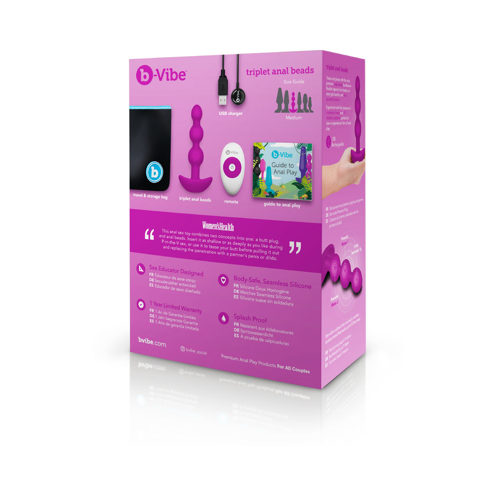 b-Vibe Triplet Rechargeable Remote-Controlled Vibrating Anal Beads Plug Fuchsia - Fantasies Boutique