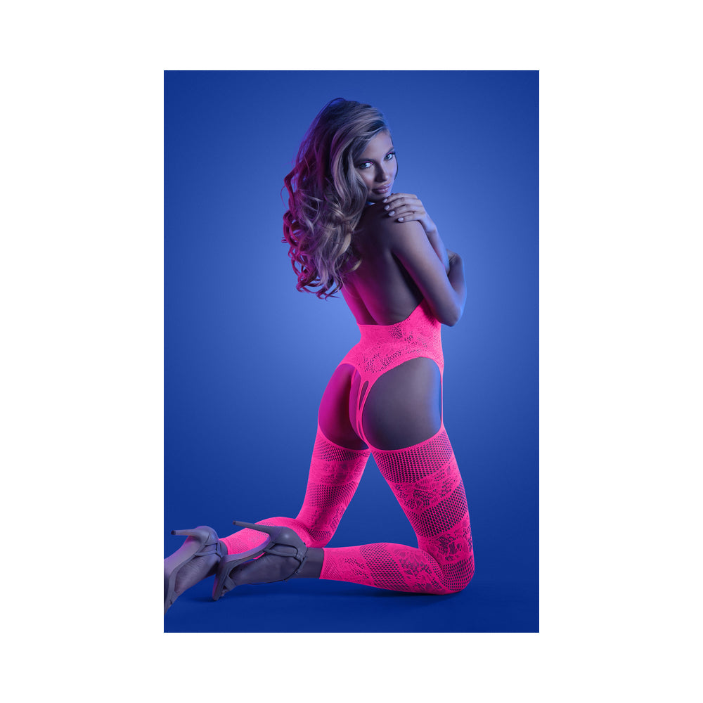 Fantasy Lingerie Glow Captivating High Neck Halter Bodystocking & G-String Set Neon Pink O/S - Fantasies Boutique