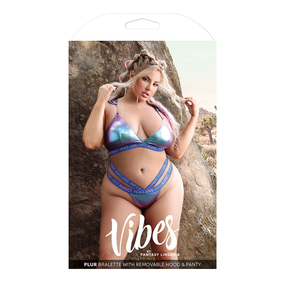 Fantasy Lingerie Vibes Plur Holographic Bralette with Removable Hood & Panty Aqua Holo Queen Size - Fantasies Boutique