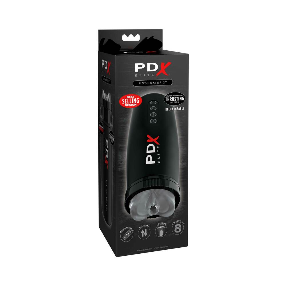 PDX Elite Motobator 2 Rechargeable Thrusting Vibrating Masturbator Clear/Black - Fantasies Boutique