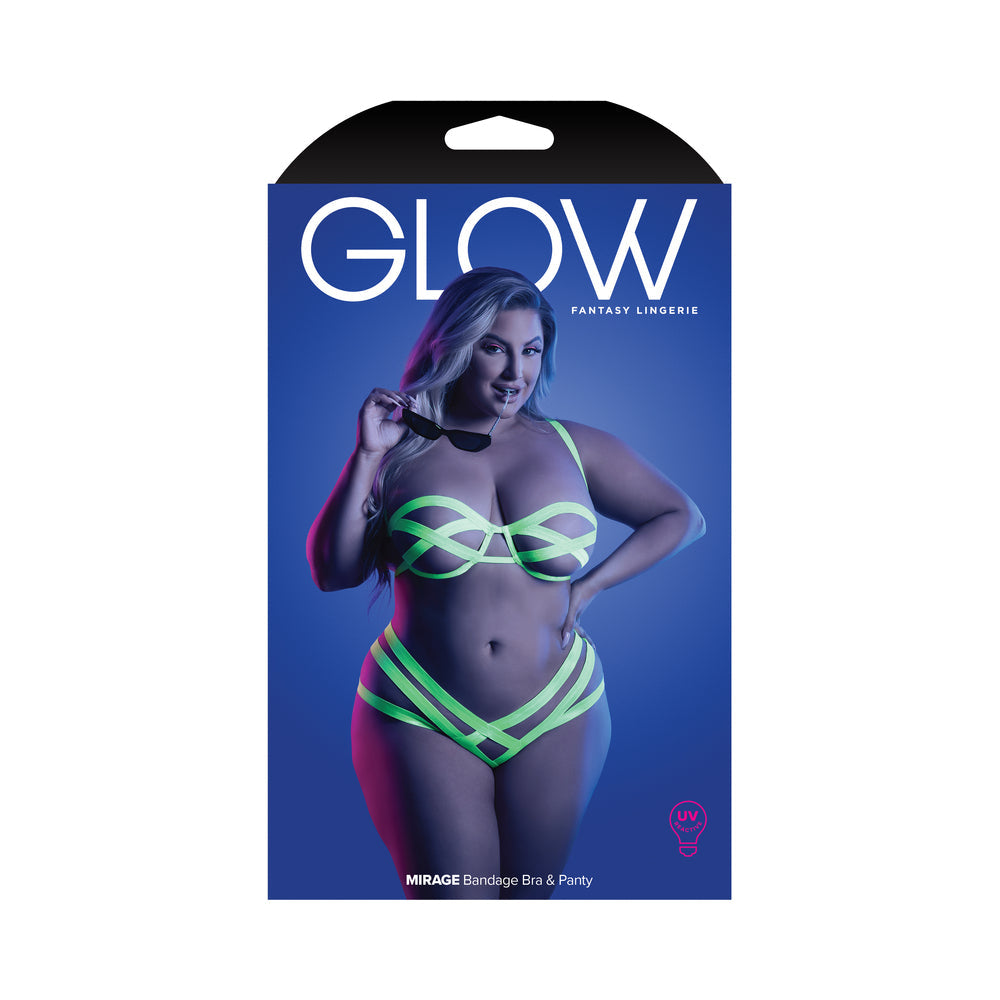 Fantasy Lingerie Glow Mirage Bandage Bra & Panty Neon Lemon Queen Size - Fantasies Boutique