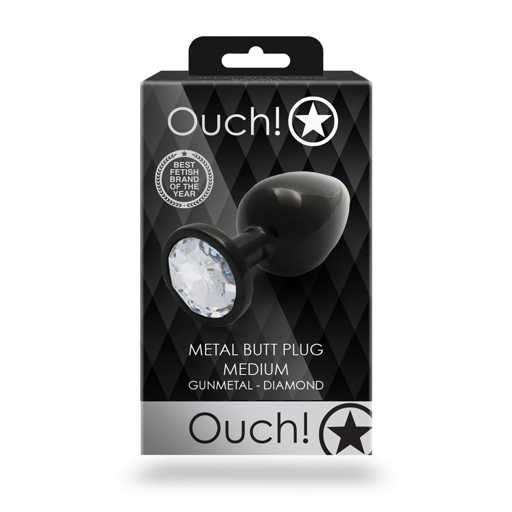 Ouch! Round Gem Butt Plug Medium Gunmetal/Diamond