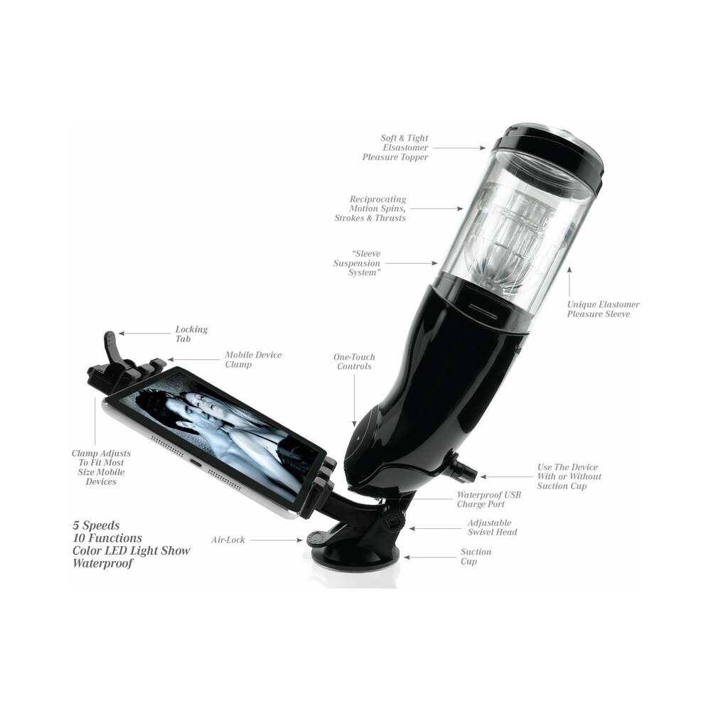PDX Mega-Bator Ass Rechargeable Rotating Thrusting Stroker With Hands-Free Suction Cup Clear/Black - Fantasies Boutique