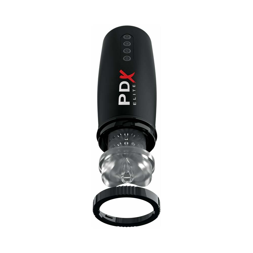 PDX Elite Motobator 2 Rechargeable Thrusting Vibrating Masturbator Clear/Black - Fantasies Boutique