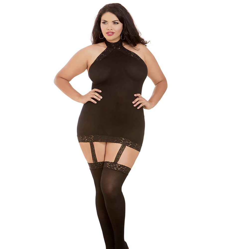 Dreamgirl Semi-Sheer Halter Garter Dress With Snap-Neck Closure and Thigh-Highs Black Queen - Fantasies Boutique