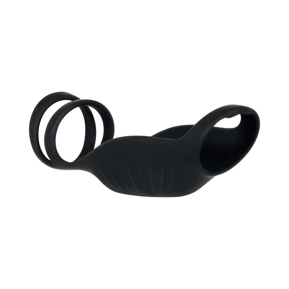 Gender X Rocketeer Rechargeable Triple-Ring Vibrating Silicone Penis Sheath Black - Fantasies Boutique
