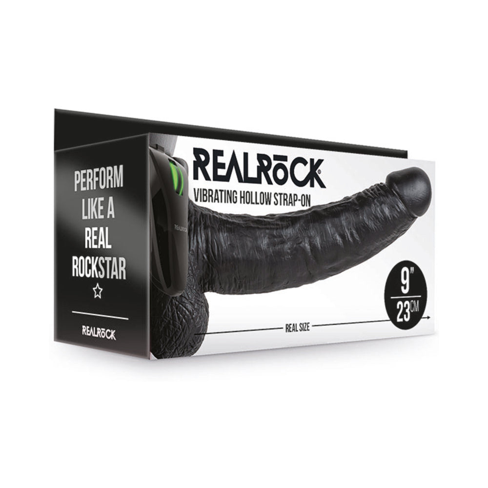 RealRock Realistic 9 in. Vibrating Hollow Strap-On With Balls Black - Fantasies Boutique