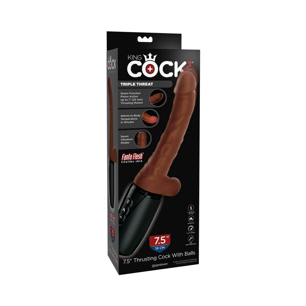 King Cock Plus 7.5 in. Thrusting Cock With Balls Rechargeable Realistic Vibrator Brown - Fantasies Boutique