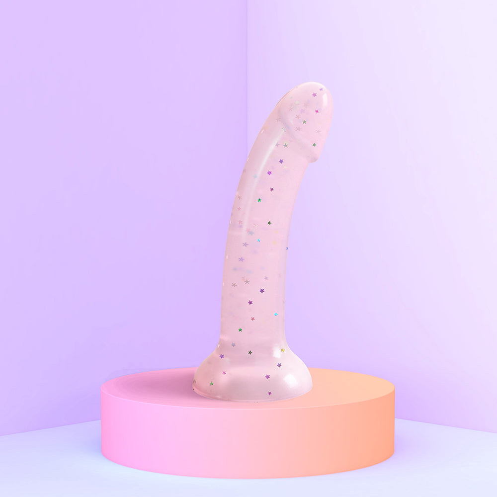 Love to Love Dildolls Starlight 6 in. Silicone Dildo with Multicolor Star Glitter Pink - Fantasies Boutique