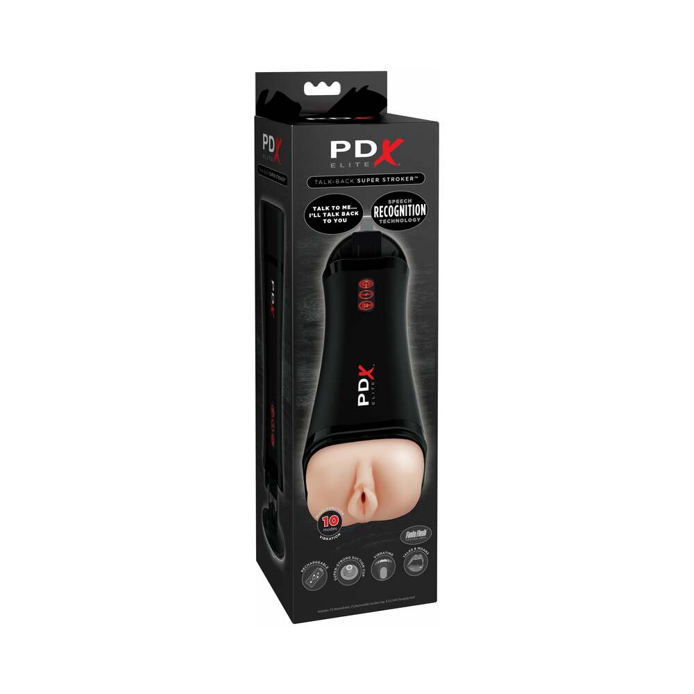 PDX Elite Talk-Back Rechargeable Vibrating Super Stroker With Hands-Free Suction Cup Beige/Black - Fantasies Boutique