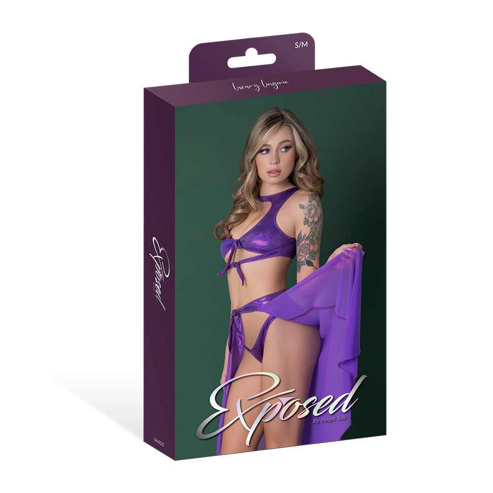 Magic Silk Glimmer High Neck Crop Top, Flowy Skirt & Tanga Set Purple Disco L/XL
