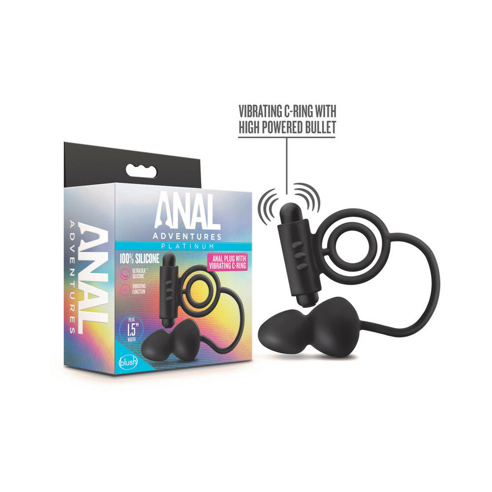 Anal Adventures Platinum Silicone Anal Plug with Vibrating C-Ring Black - Fantasies Boutique