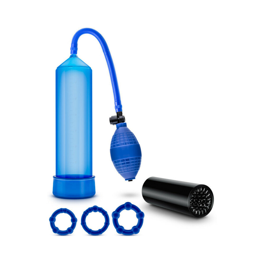 Quickie Kit Go Big Pump, Stroker & 3-Piece Cockring Set Blue - Fantasies Boutique