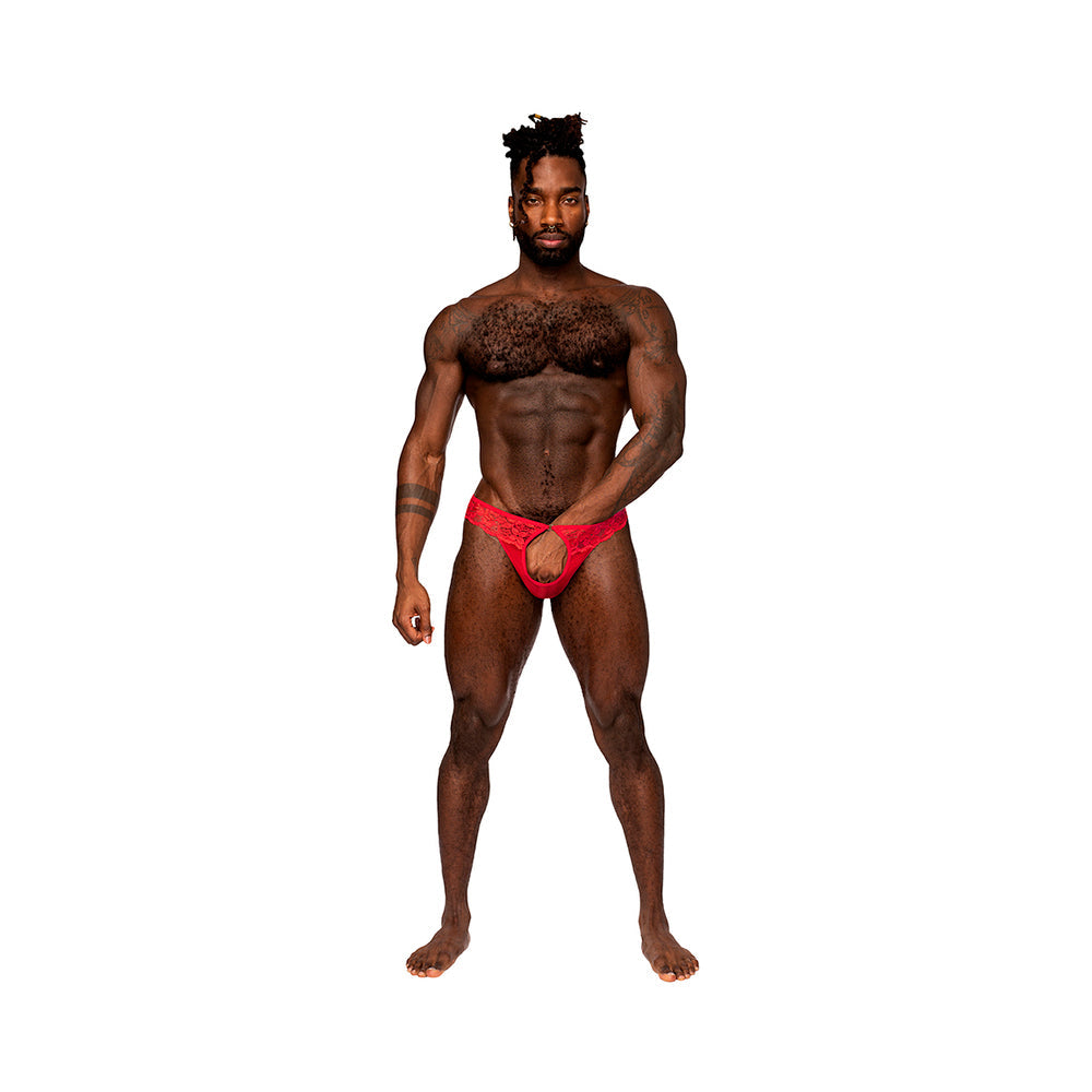 Male Power Sassy Lace Open Ring Thong Red S/M - Fantasies Boutique
