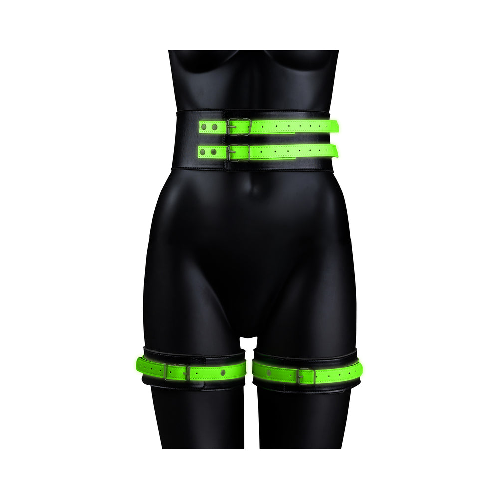 Ouch! Glow in the Dark 5-Piece Bonded Leather Thigh & Handcuffs With Belt Restraint Neon Green L/XL - Fantasies Boutique