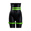 Ouch! Glow in the Dark 5-Piece Bonded Leather Thigh & Handcuffs With Belt Restraint Neon Green L/XL - Fantasies Boutique