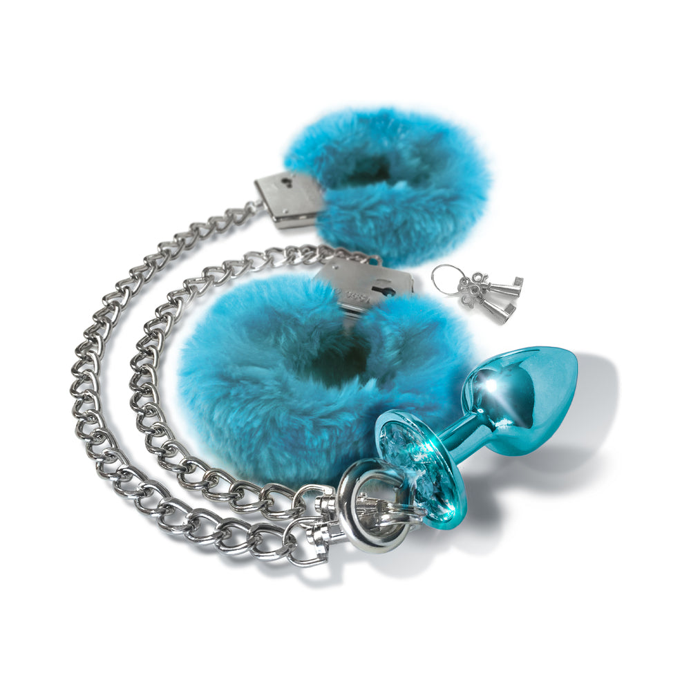 Nixie Metal Butt Plug & Furry Handcuff Set Medium Blue Metallic