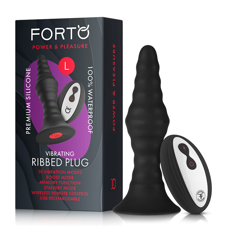 Forto Vibrating Ribbed Plug Rechargeable Remote-Controlled Silicone Anal Plug Large Black - Fantasies Boutique