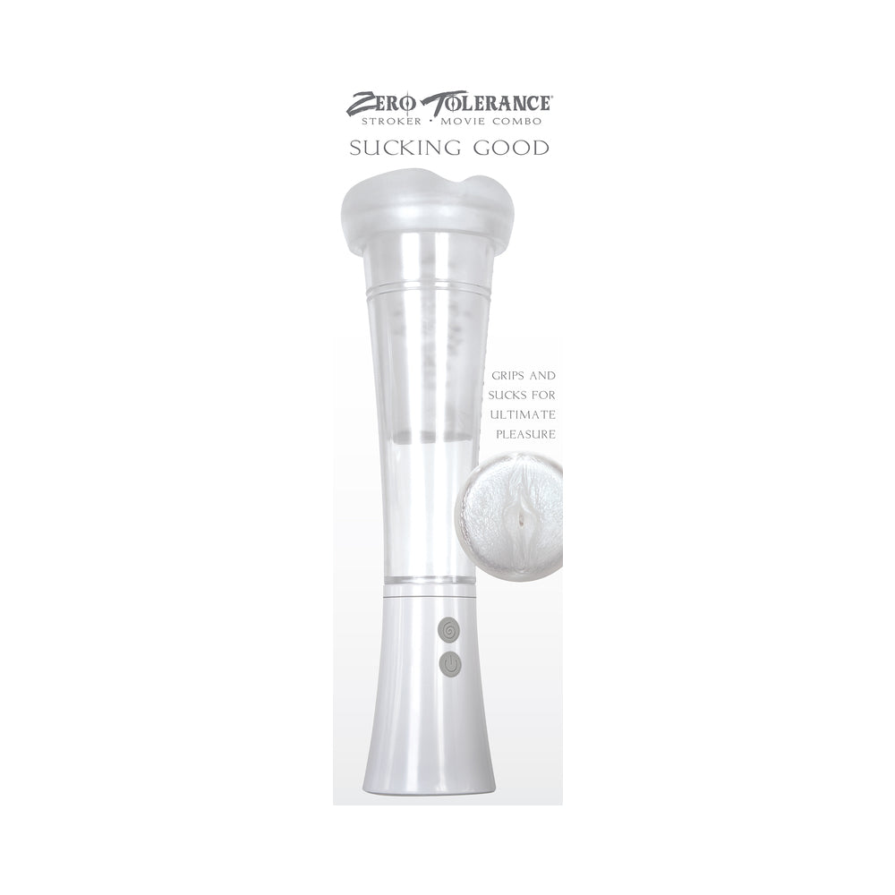 Zero Tolerance Sucking Good Rechargeable Vibrating Vacuum Pump Stroker Clear/White - Fantasies Boutique