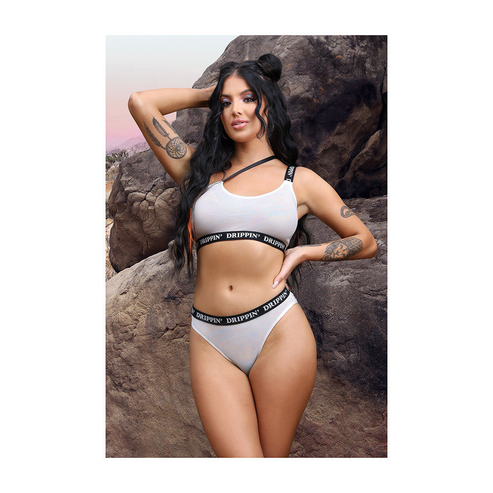 Fantasy Lingerie Vibes Drippin' Iridescent Strappy One-Shoulder Top & Panty Pearl White S/M - Fantasies Boutique