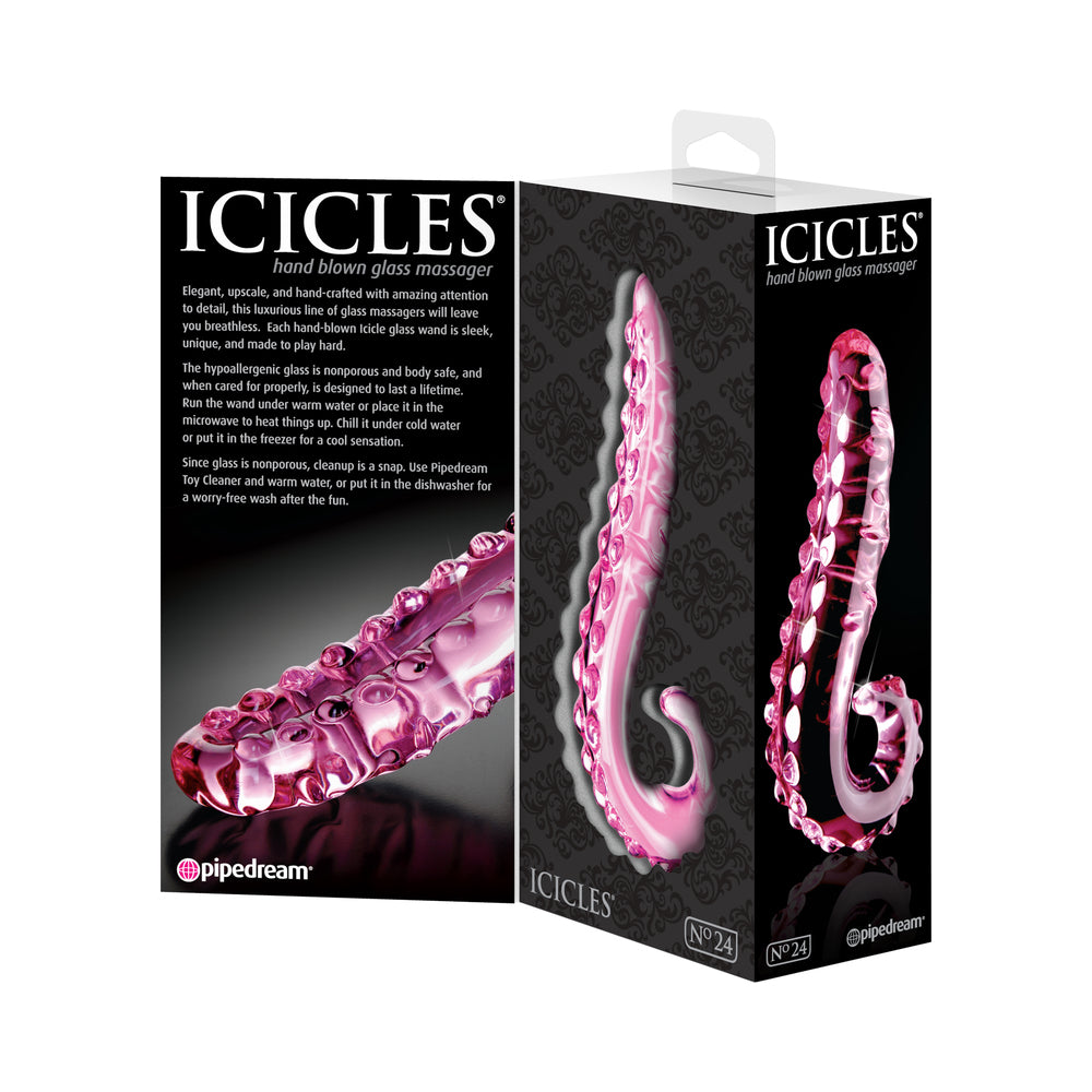 Icicles No. 24 Curved Textured 6 in. Glass Dildo With Handle Pink - Fantasies Boutique