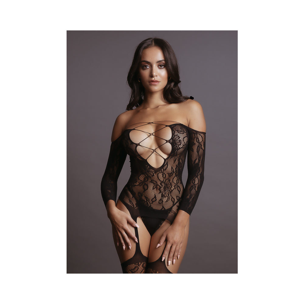 Shots Le Desir Deep-V Criss-Cross Bodystocking Black O/S