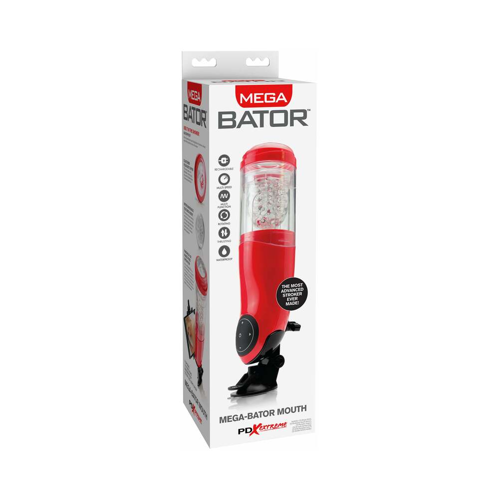 PDX Mega-Bator Mouth Rechargeable Rotating Thrusting Stroker With Hands-Free Suction Cup Clear/Red - Fantasies Boutique